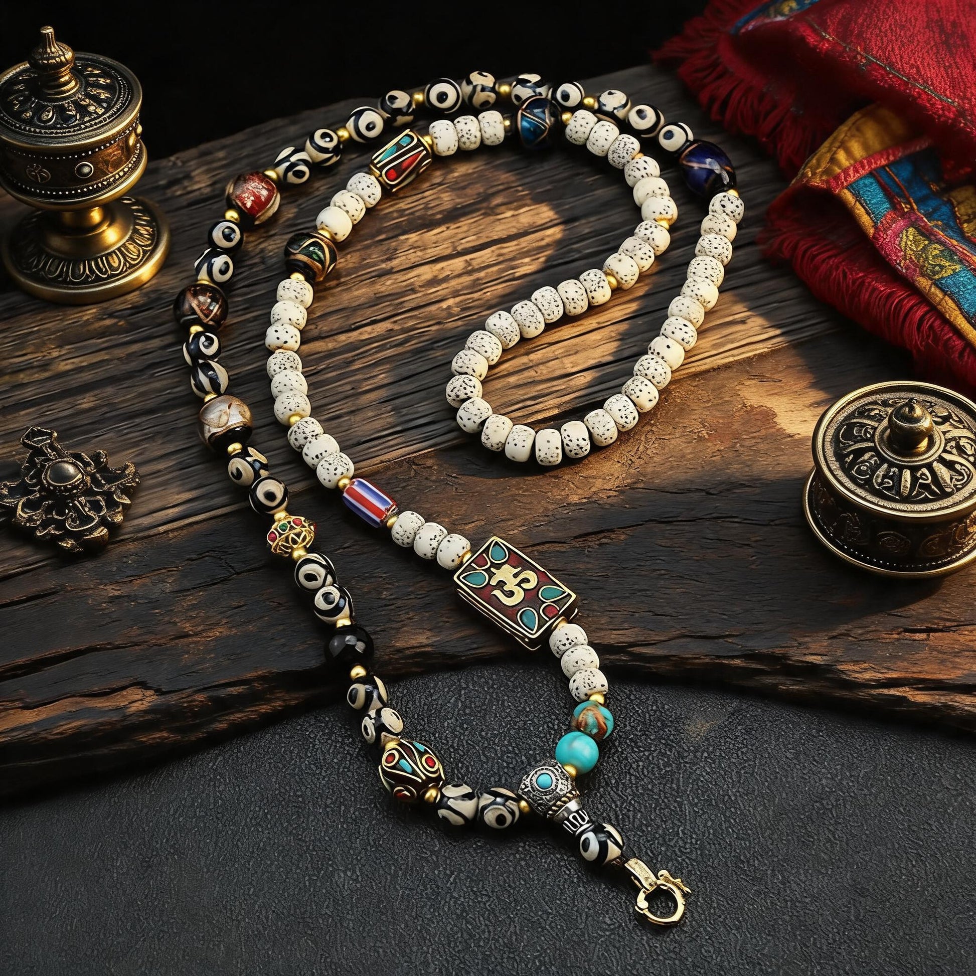 Om Mani Padme Hum amulet dzi bead bodhi seed necklace main view