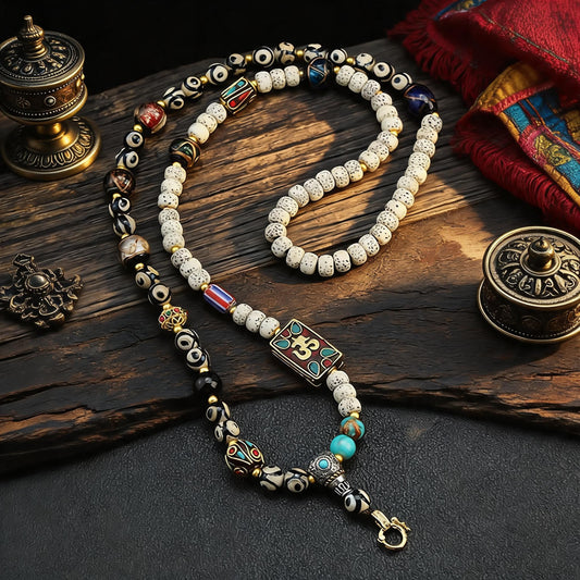 Om Mani Padme Hum amulet dzi bead bodhi seed necklace main view