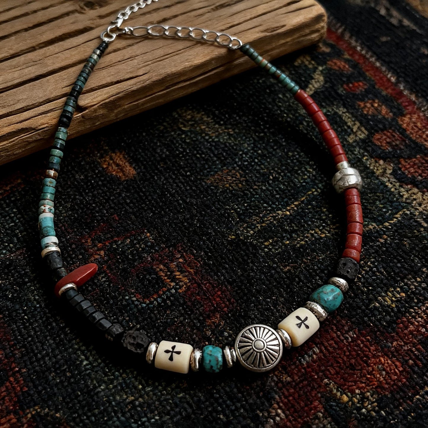 Navajo inspired natural stone and bone beaded necklace main flat lay