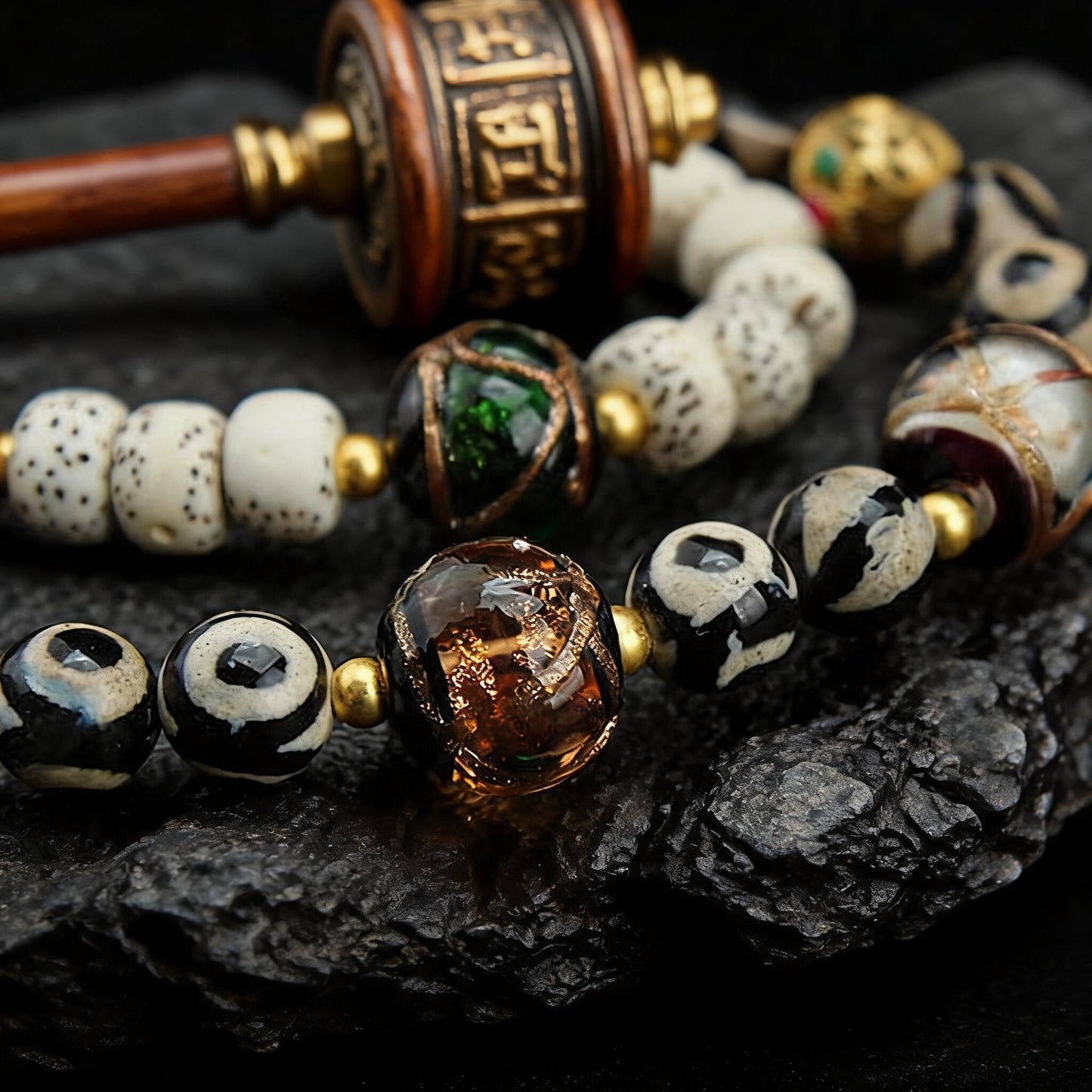 Om Mani Padme Hum dzi bead liuli accent detail view