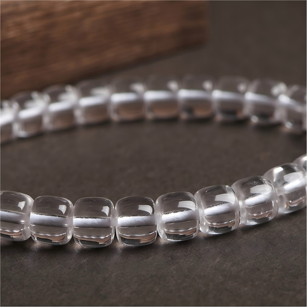 Clear quartz mala bracelet texture detail