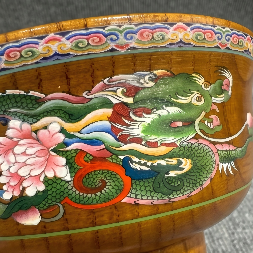 Tibetan inspired green dragon motif bowl detail