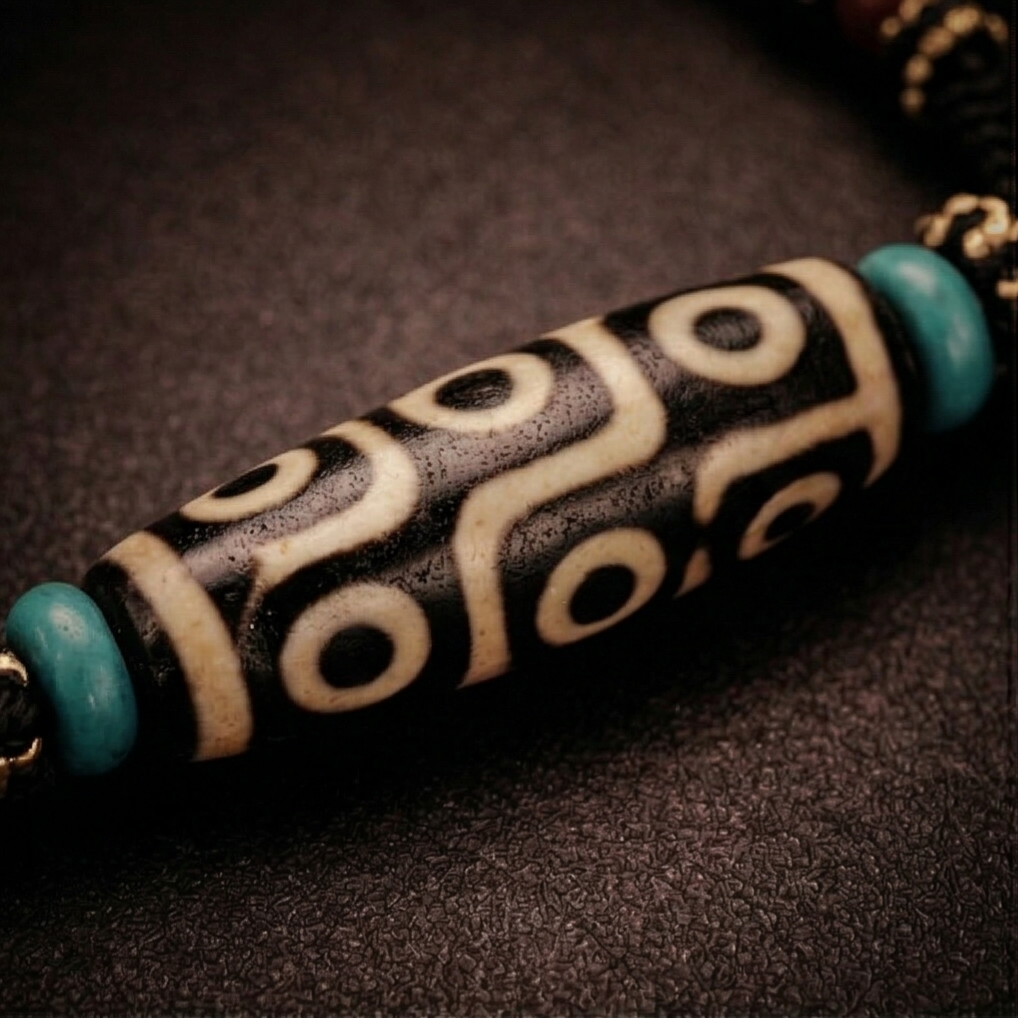 Handmade Nine-Eye Dzi Bead Necklace with Amber Accent