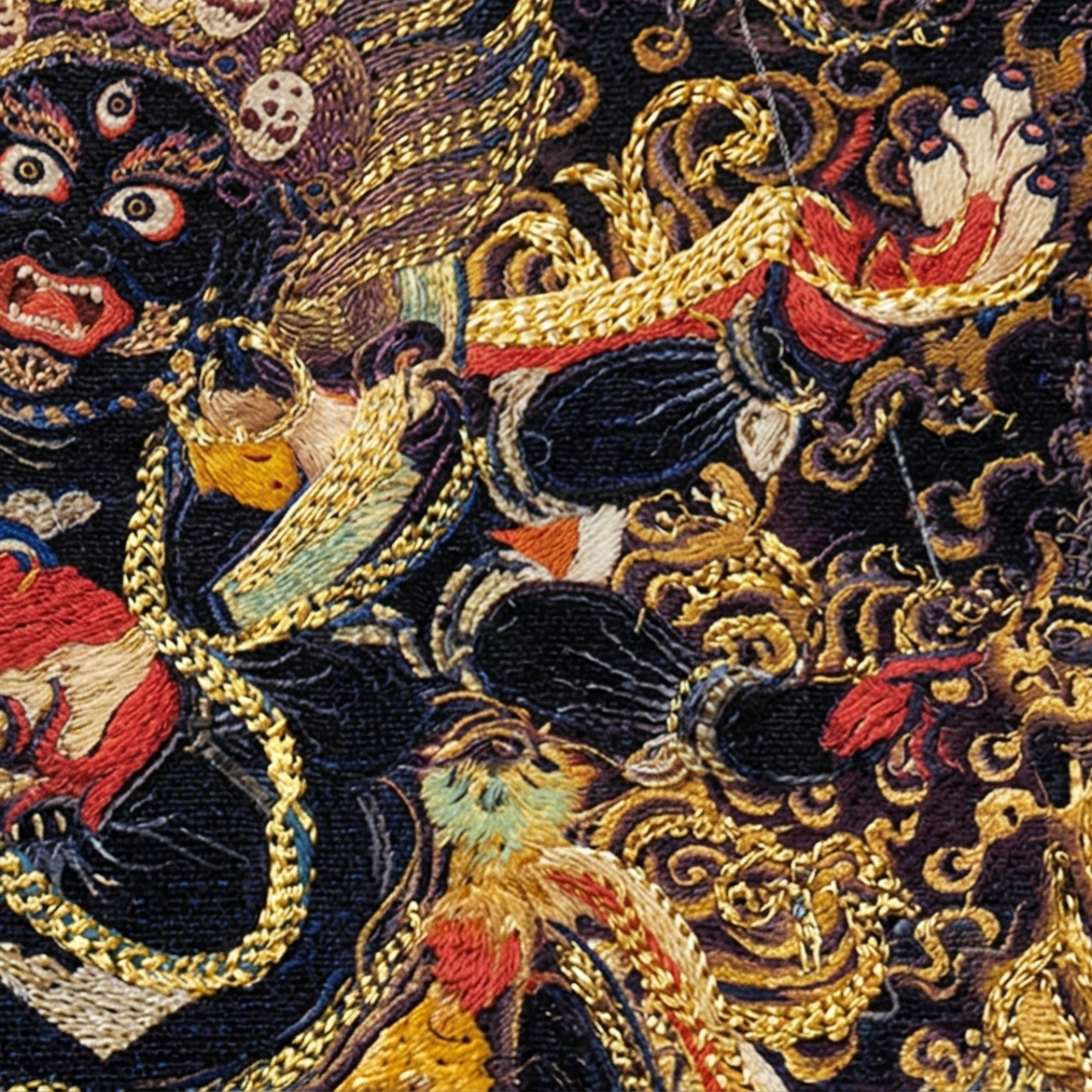 Hand painted Six Armed Mahakala pendant close up