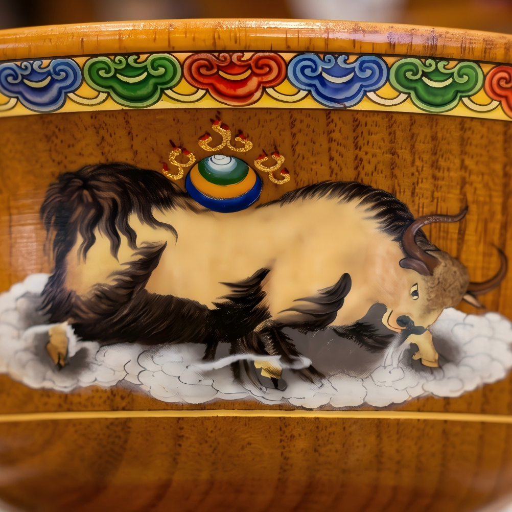 Yak motif wood bowl side view