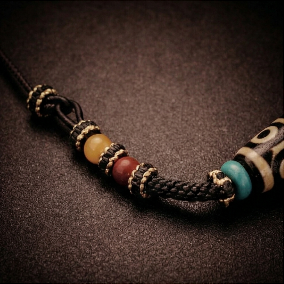 Handmade Nine-Eye Dzi Bead Necklace with Amber Accent