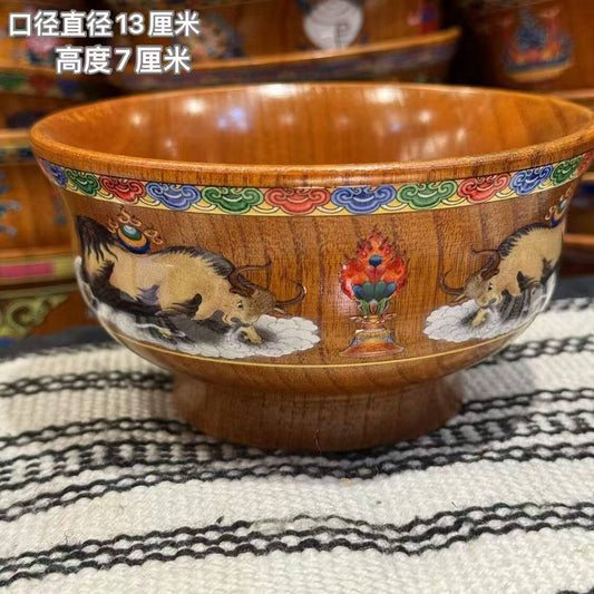 Yak motif Tibetan inspired hand painted wood bowl main view