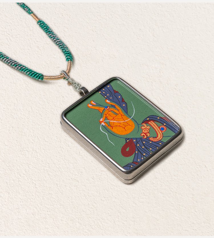 Green Tara hand painted thangka pendant necklace main view