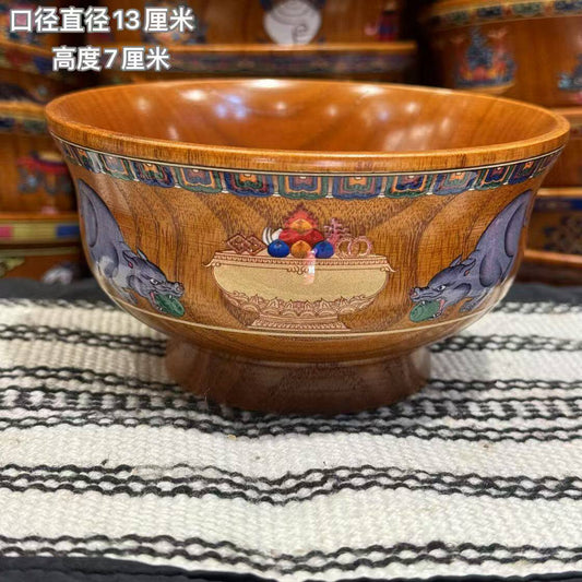 Precious rat Tibetan inspired hand painted wood bowl main view