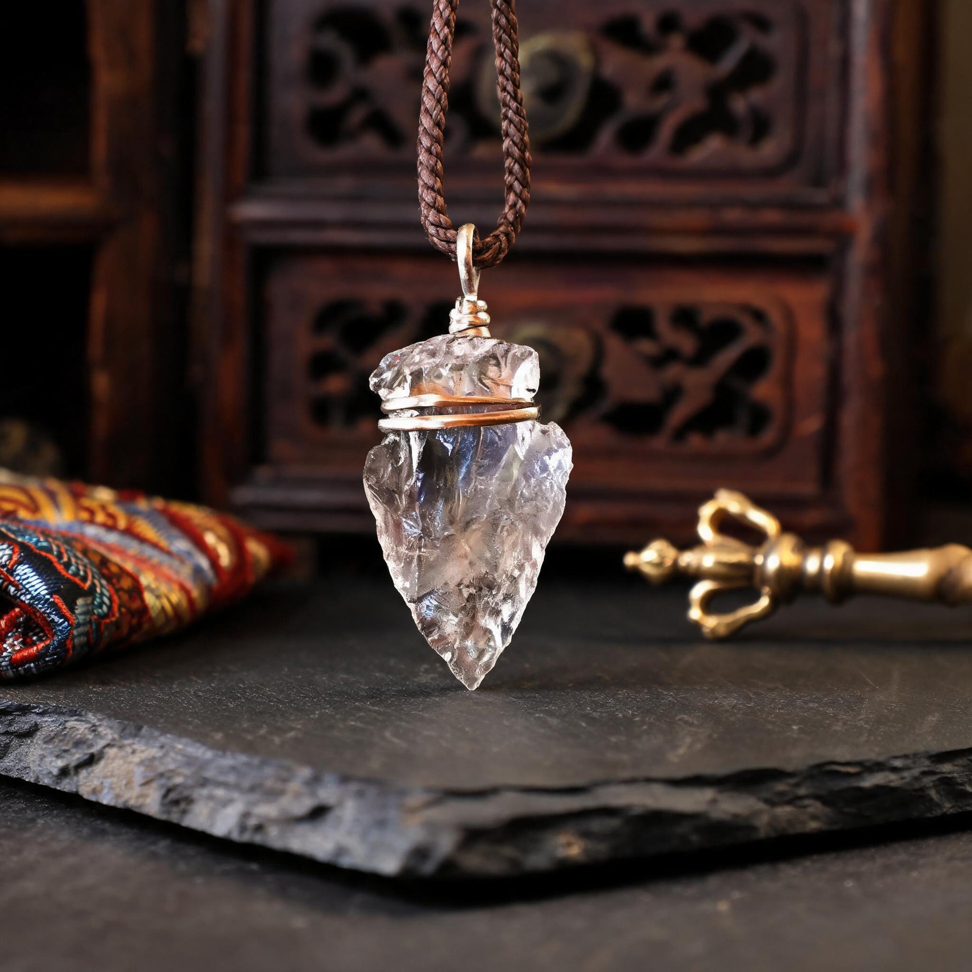Clear quartz arrowhead pendant necklace with adjustable cord chain front view