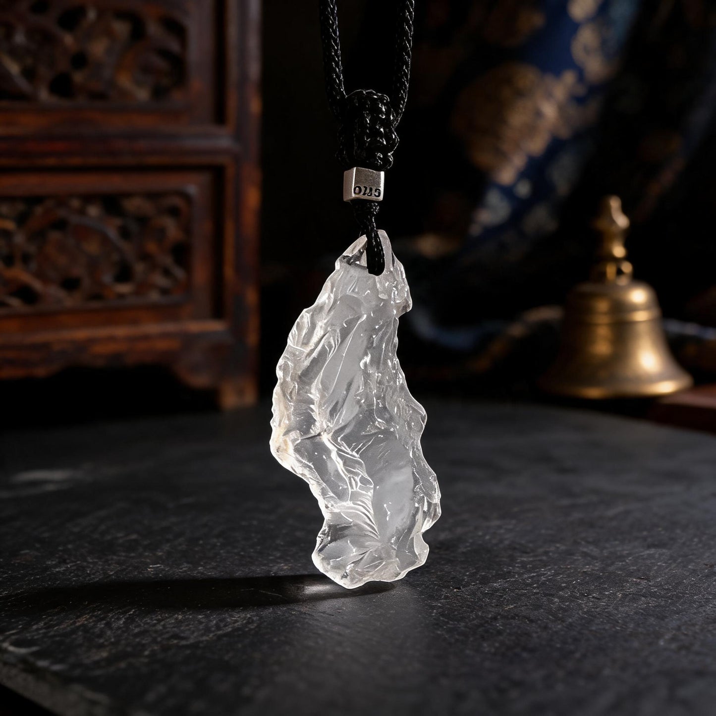 Himalayan clear quartz raw stone pendant necklace with adjustable black cord front view
