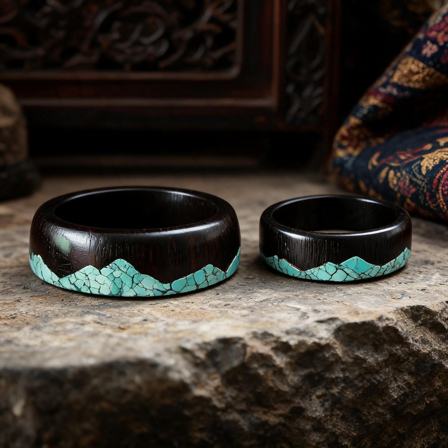 Qing Shan Zai Ebony Wood & Turquoise Inlay Ring wide and narrow band front view