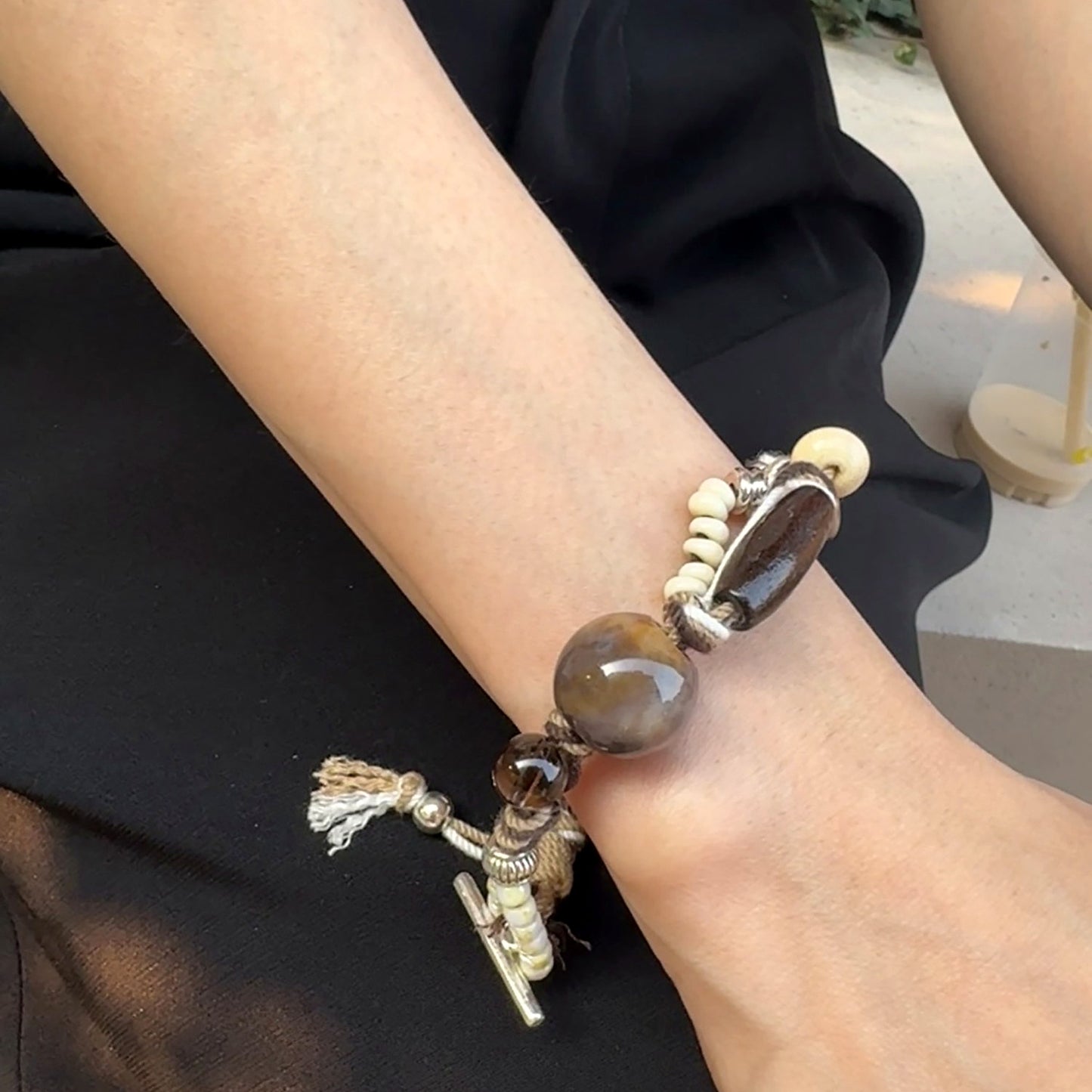 Long Summer Meadow Agate Braided Bracelet - OT Gold Clasp wearing scale view