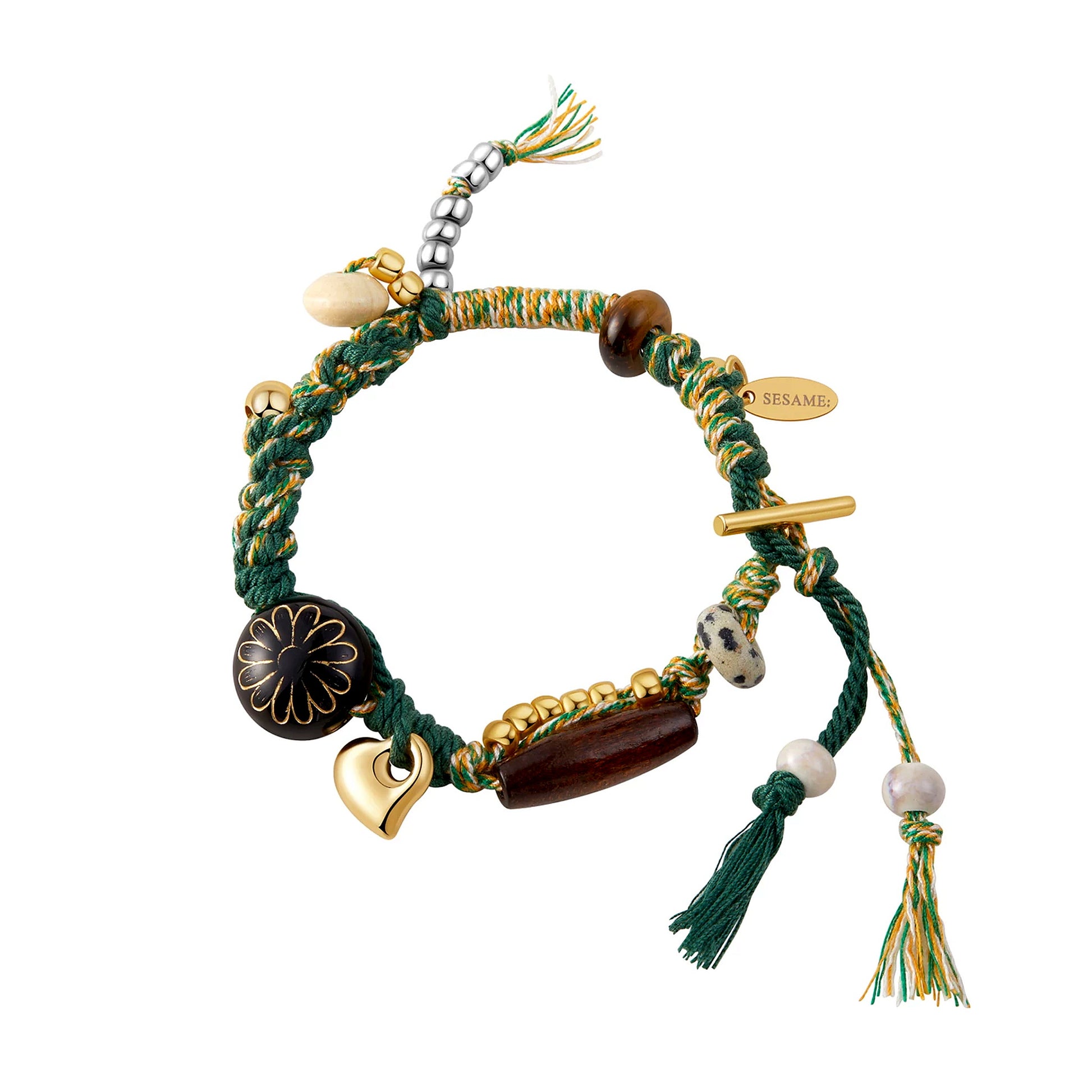 Long Summer Meadow Agate Braided Bracelet - T Gold Clasp front full view