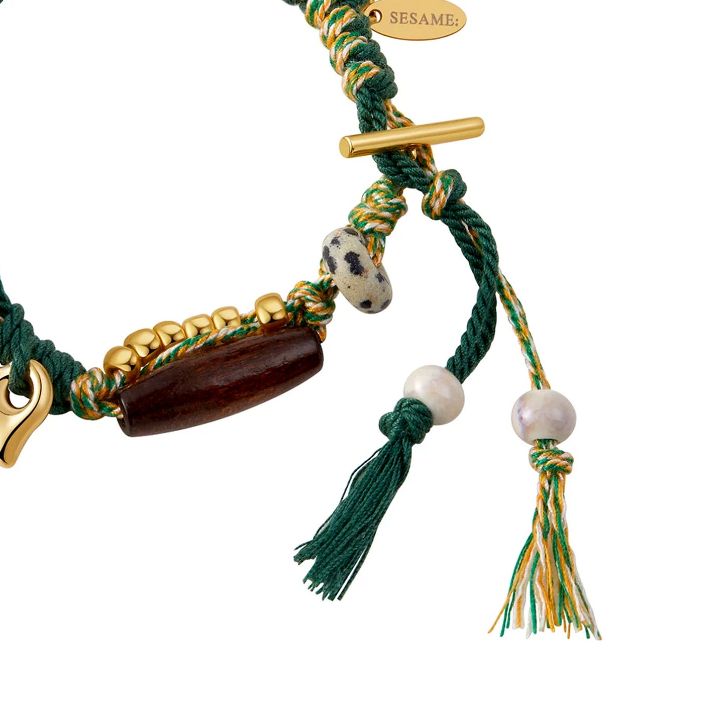 Long Summer Meadow Agate Braided Bracelet - T Gold Clasp braid and charm detail