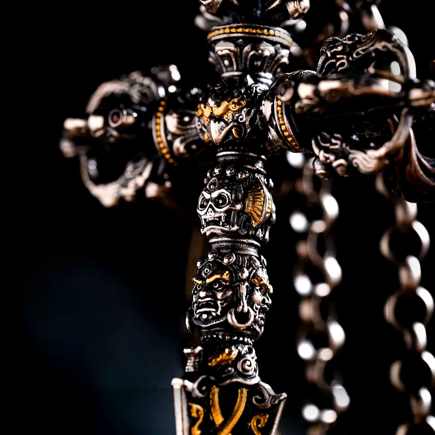 Sumeru Vajrakilaya Phurba pendant in S925 silver top symbol close-up