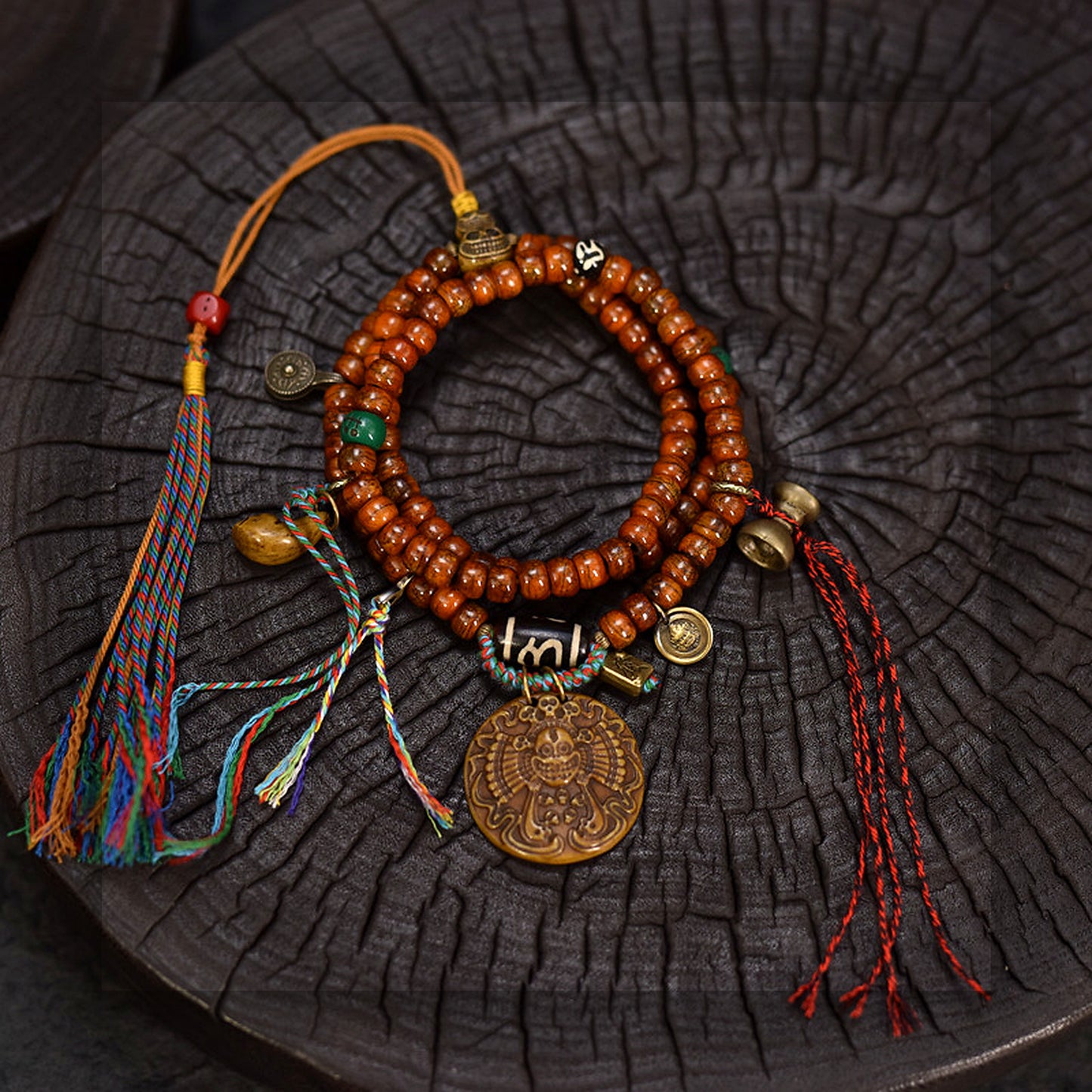 Collector grade Tibetan yak bone 108 mala with Dzi bead front full product view