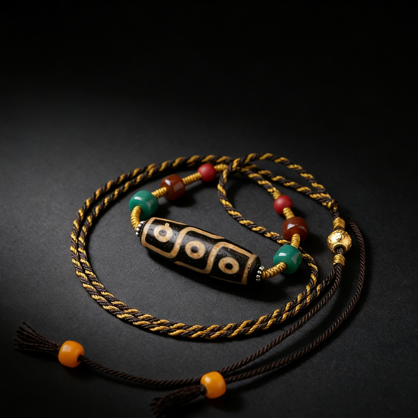 Handmade nine eye dzi bead necklace with colored glaze beads main view