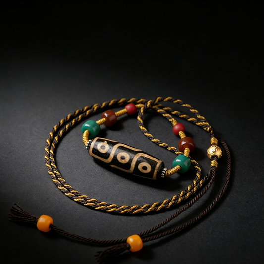 Handmade nine eye dzi bead necklace with colored glaze beads main view