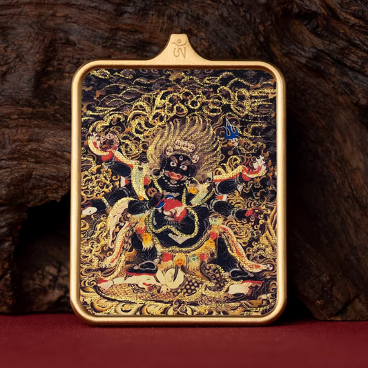 Six Armed Mahakala hand painted thangka pendant main view