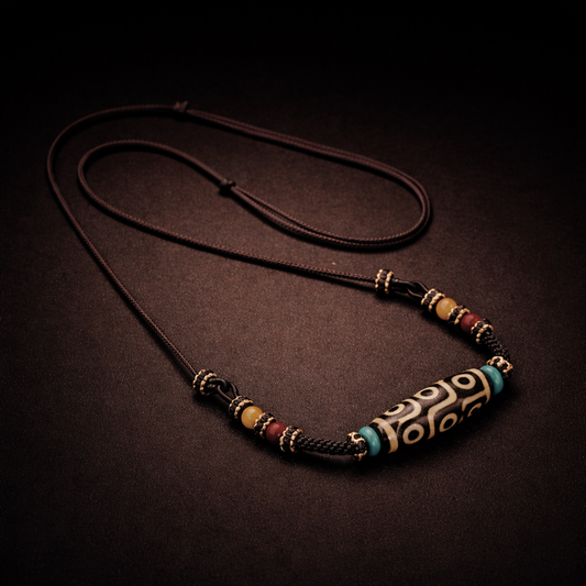 Handmade Nine-Eye Dzi Bead Necklace with Amber Accent