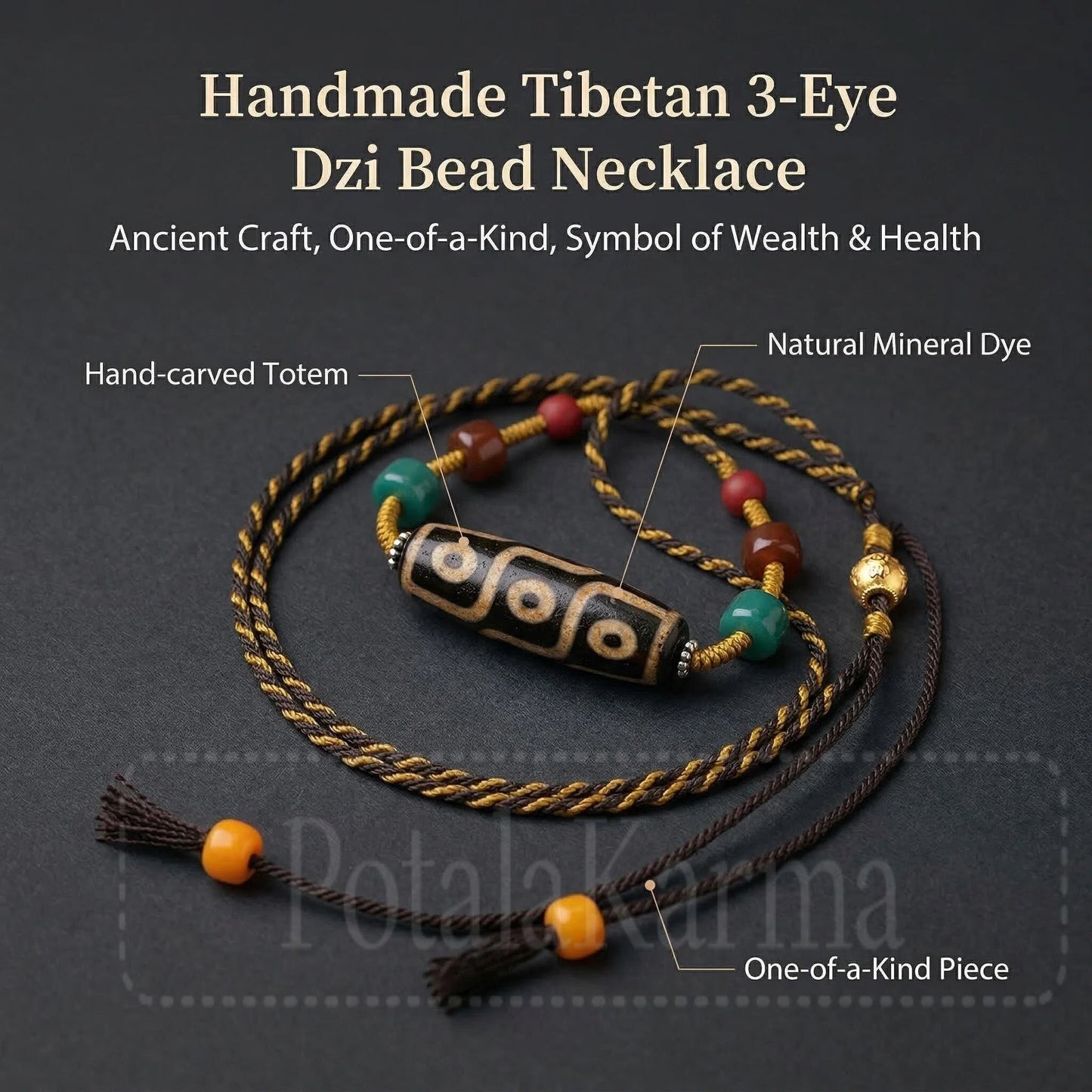 Handmade nine eye dzi bead necklace display view