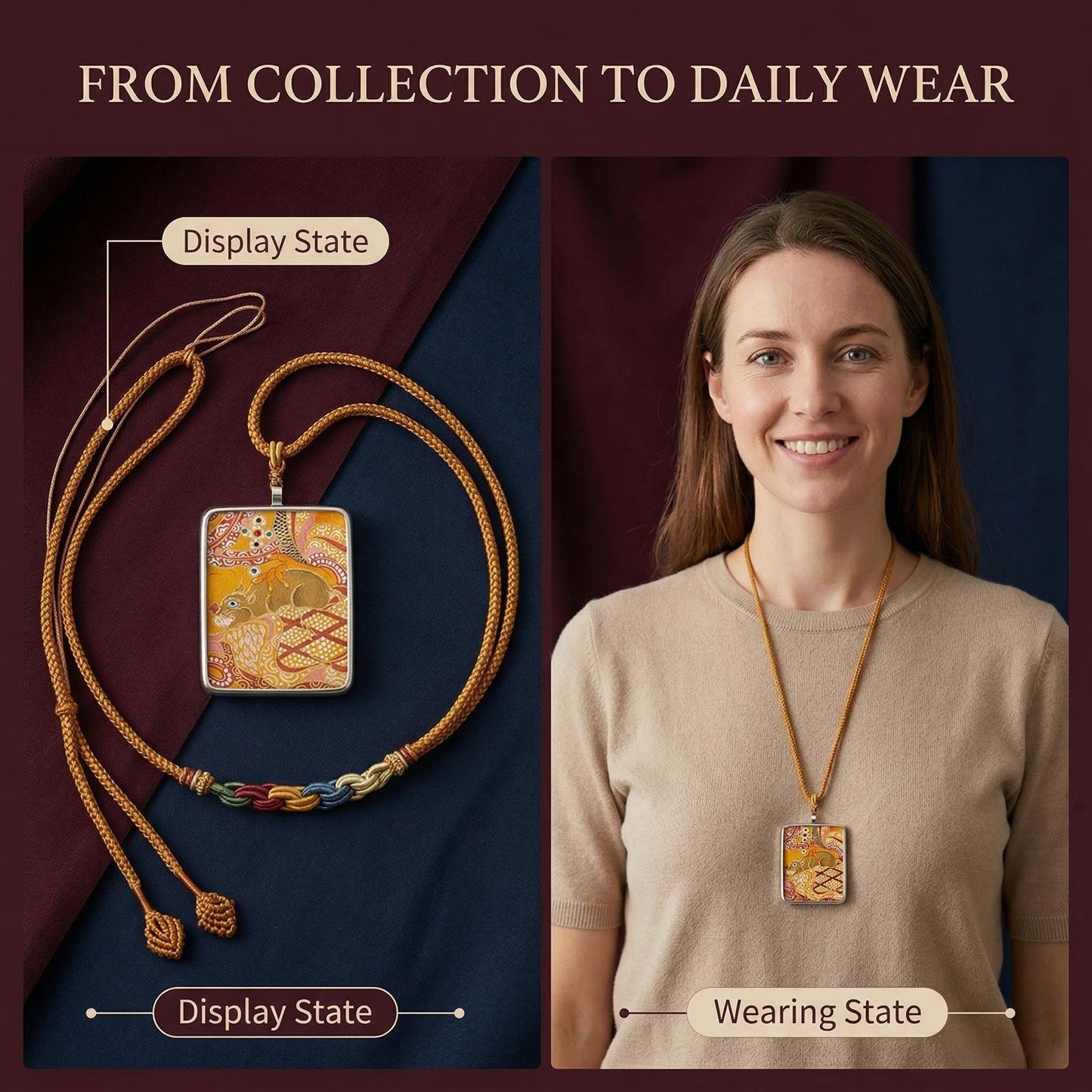 Yellow Jambhala thangka pendant necklace detail