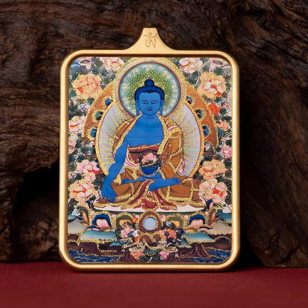 Medicine Buddha hand painted thangka pendant main view