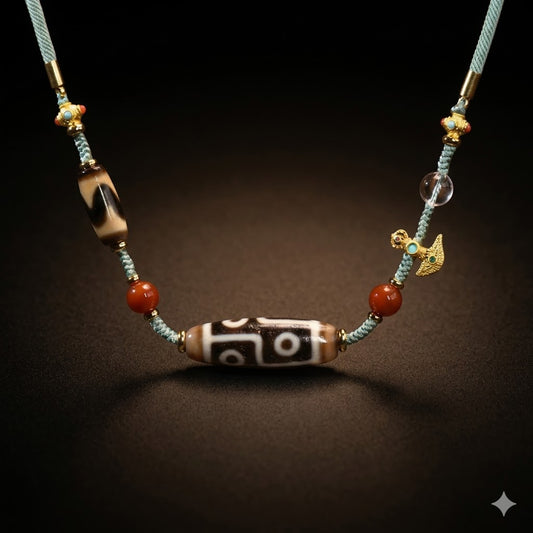 Handmade six eye and tiger tooth dzi bead necklace main view